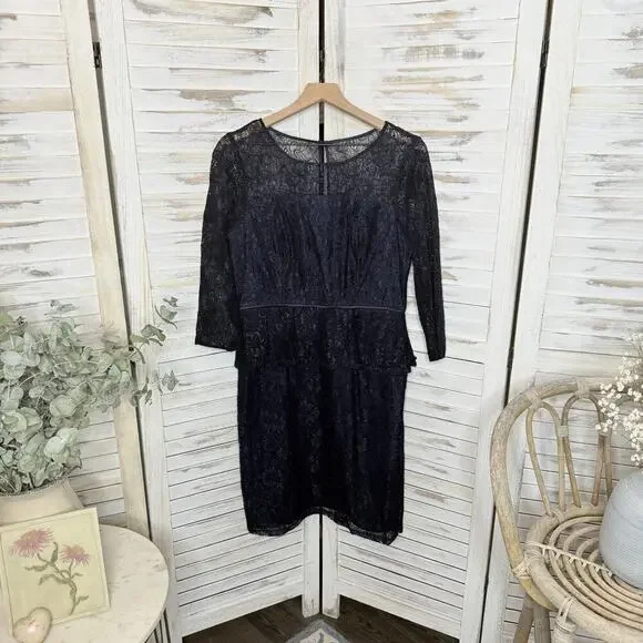 ADRIANNA PAPELL 12 Women's Lace Overlay Sheath Dress Peplum Navy Cocktail Short - Picture 13 of 14
